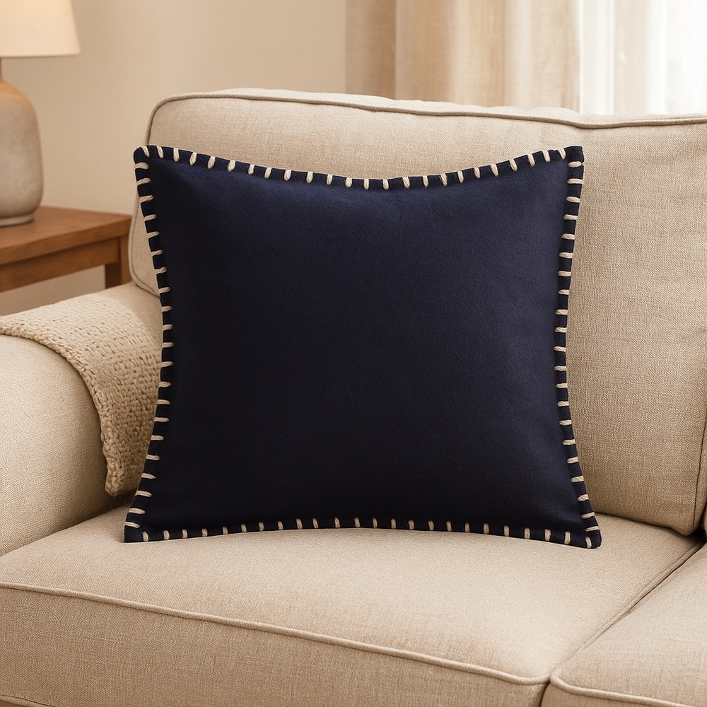 Elements Wool Navy Throw Pillow Cover with Tan Stitching 20 inches Square